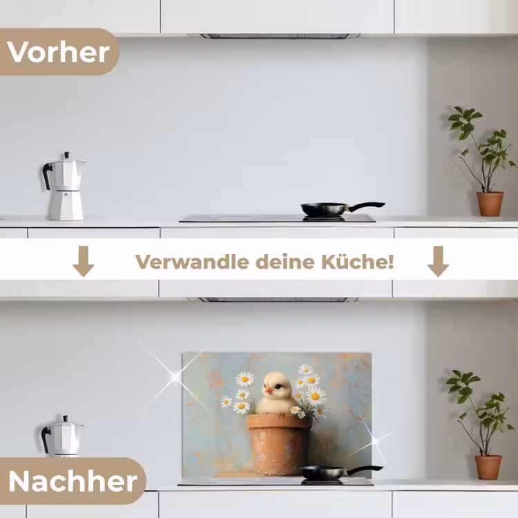 Bloempot - Kuiken - Bloemetjes keuken achterwand spatscherm klein -voor_na_DE