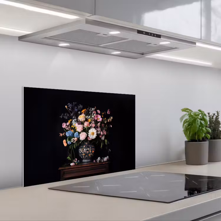 Bloemenvaas - Hout - Bloemen - Boeket keuken achterwand spatscherm klein -3d_schuin