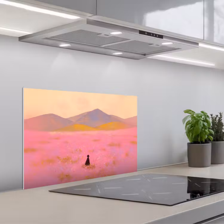 Bloemenweide - Heuvels - Silhouet - Roze keuken achterwand spatscherm klein -3d_schuin