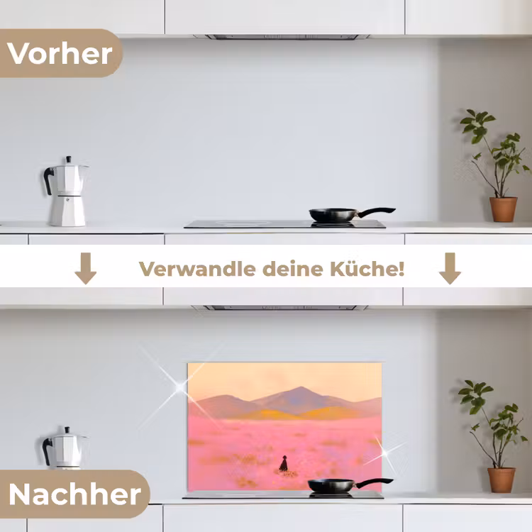 Bloemenweide - Heuvels - Silhouet - Roze keuken achterwand spatscherm klein -voor_na_DE