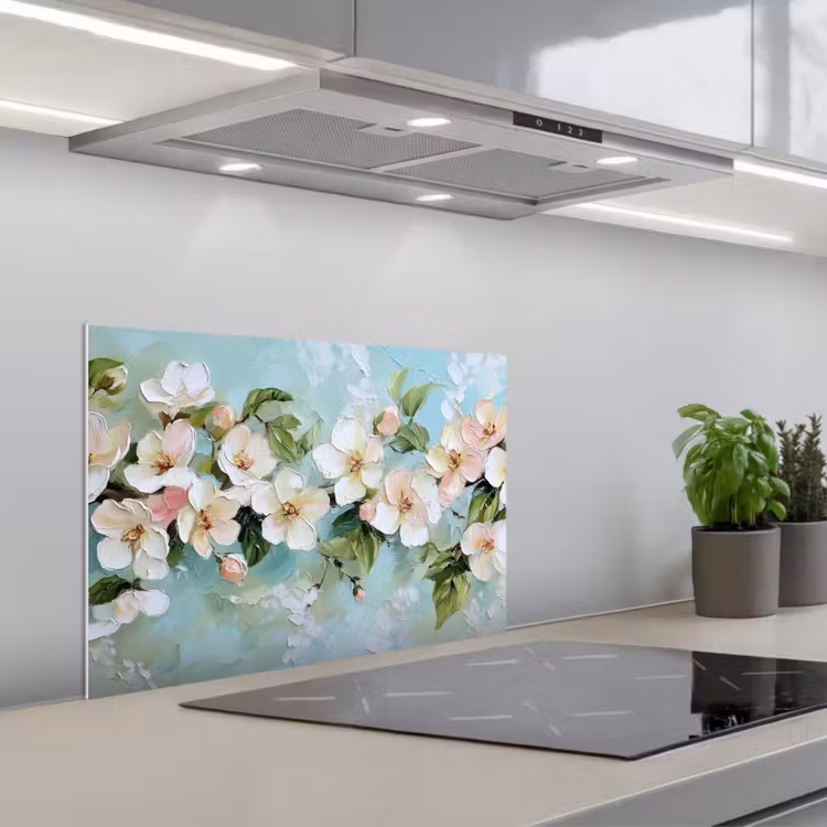 Bloesem - Bladeren - Lichtblauw keuken achterwand spatscherm klein -3d_schuin