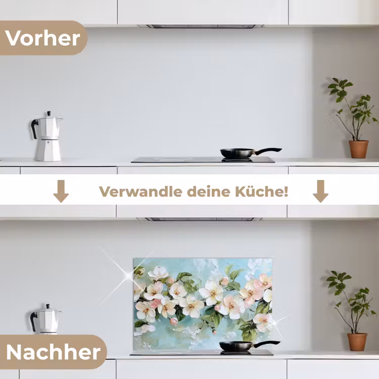 Bloesem - Bladeren - Lichtblauw keuken achterwand spatscherm klein -voor_na_DE