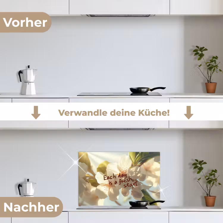 Bloesems - Zonlicht - Quote - Wit keuken achterwand spatscherm klein -voor_na_DE