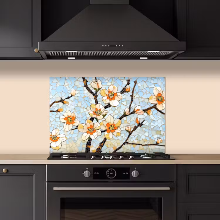Bloesems - Wit - Mozaïek - Tak keuken achterwand spatscherm klein -sfeer1