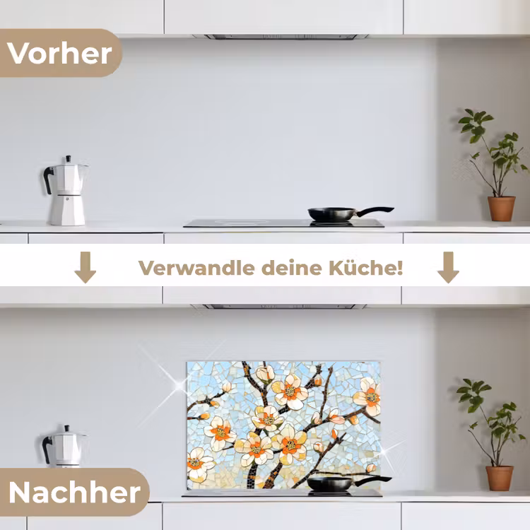Bloesems - Wit - Mozaïek - Tak keuken achterwand spatscherm klein -voor_na_DE