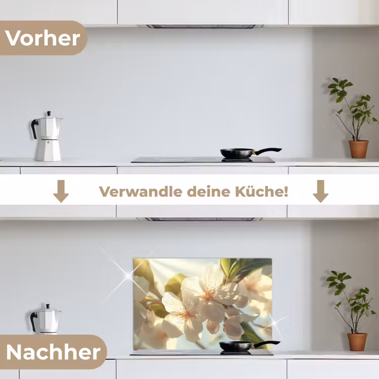 Bloesems - Wit - Zonnestralen - Bloemblaadjes keuken achterwand spatscherm klein -voor_na_DE