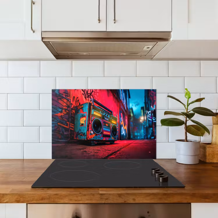 Boombox - Rood - Graffiti - Neon keuken achterwand spatscherm klein -sfeer2