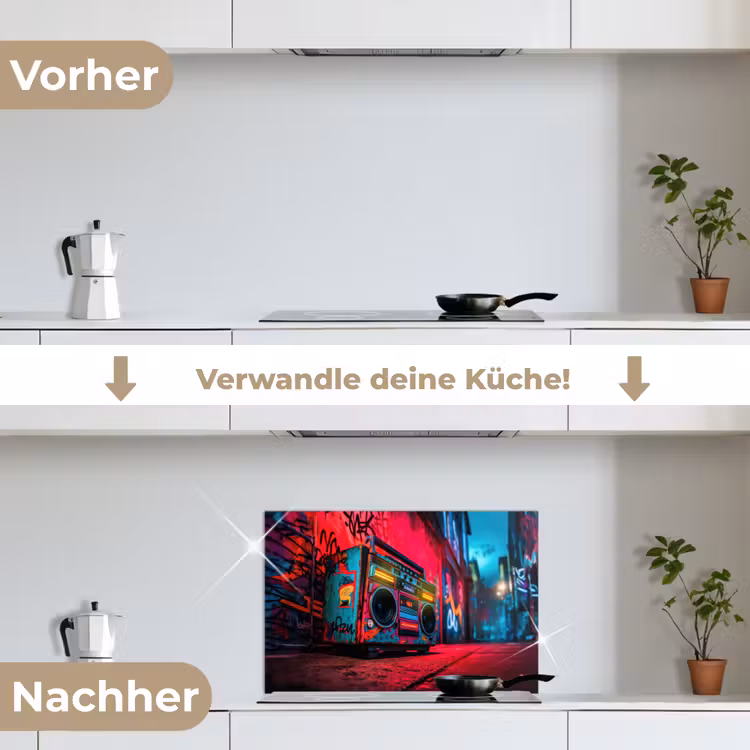 Boombox - Rood - Graffiti - Neon keuken achterwand spatscherm klein -voor_na_DE