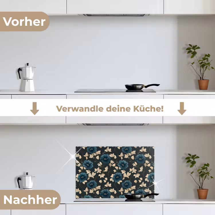 Botanisch - Bloemen - Blauw keuken achterwand spatscherm klein 900 -voor_na_DE