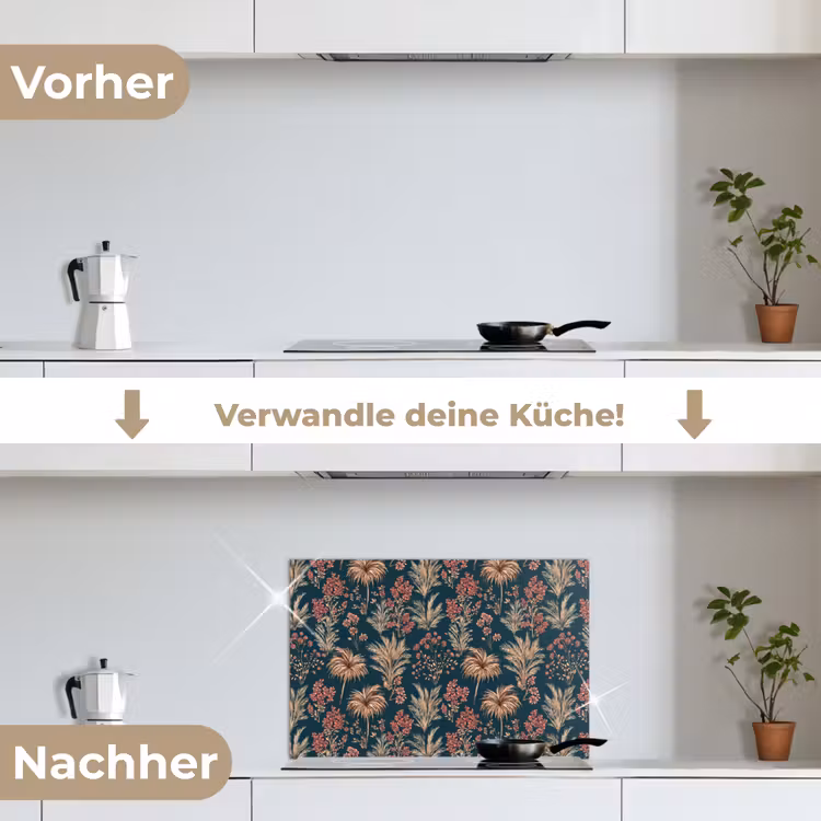 Botanisch - Patroon - Blauw keuken achterwand spatscherm klein 900 -voor_na_DE