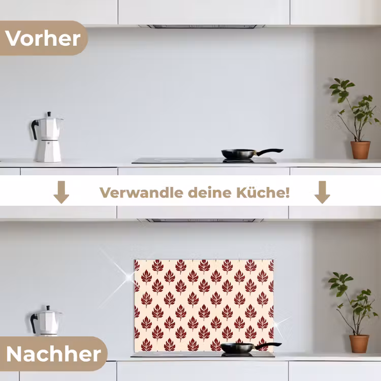 Botanisch - Patroon - Bordeaux keuken achterwand spatscherm klein 900 -voor_na_DE