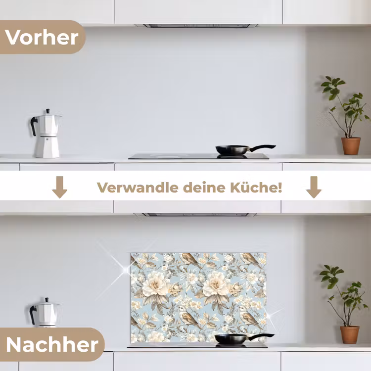 Botanisch - Zangvogel - Blauw keuken achterwand spatscherm klein 900 -voor_na_DE
