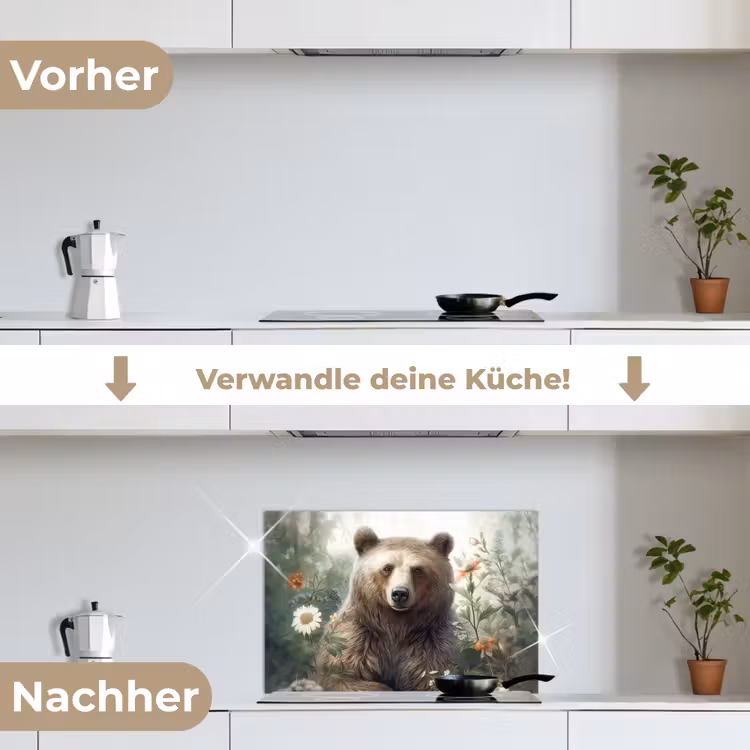 Bruine beer - Wilde dieren - Bloemen - Planten keuken achterwand spatscherm klein -voor_na_DE