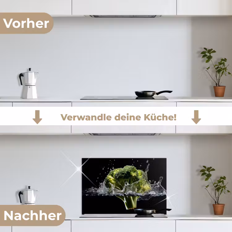 Broccoli - Groen - Water - Zwart keuken achterwand spatscherm klein -voor_na_DE