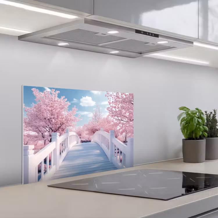 Brug - Kersenbomen - Wit keuken achterwand spatscherm klein -3d_schuin