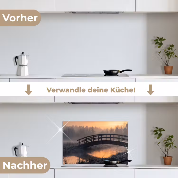 Brug - Mist - Bomen - Water keuken achterwand spatscherm klein -voor_na_DE