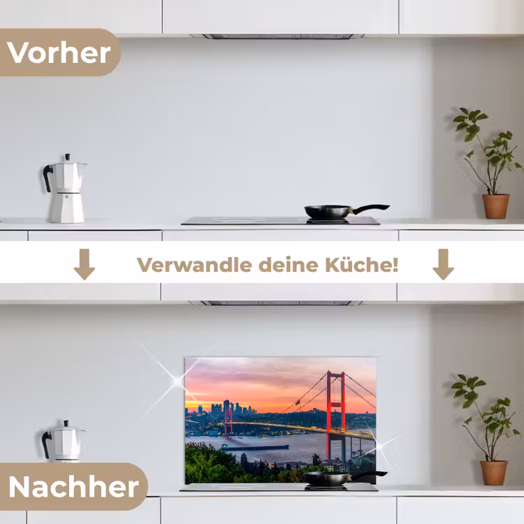 Brug - Rood - Skyline - Water keuken achterwand spatscherm klein -voor_na_DE