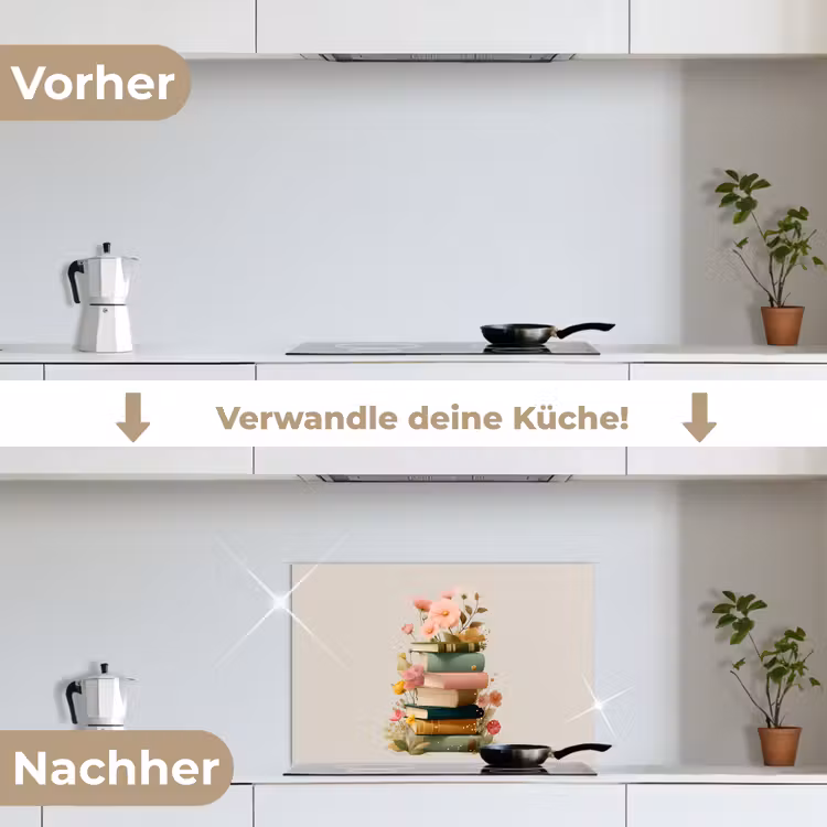 Boeken - Stapel - Bloemen - Kleurrijk keuken achterwand spatscherm klein -voor_na_DE