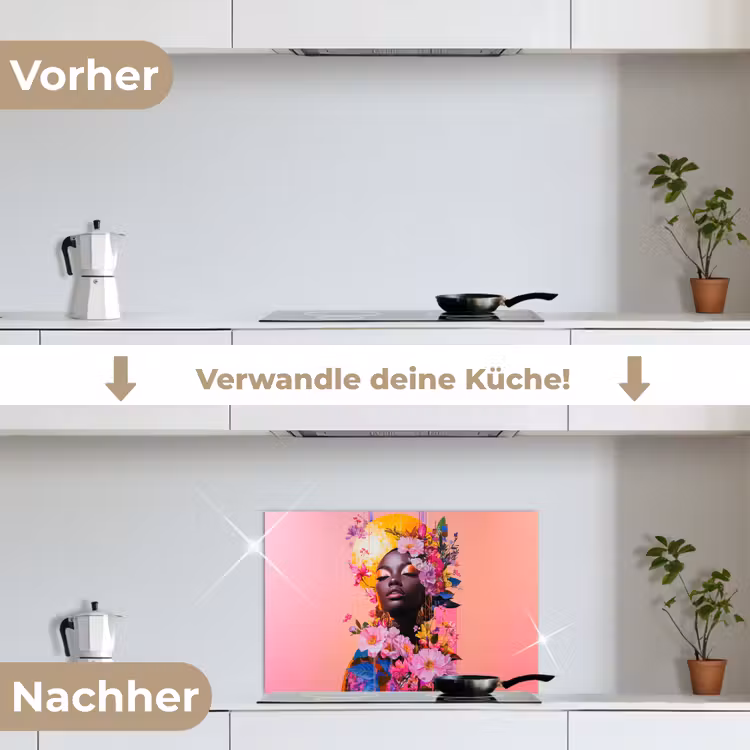 Kleurrijk - Bloemen - Vrouw - Zon keuken achterwand spatscherm klein -voor_na_DE