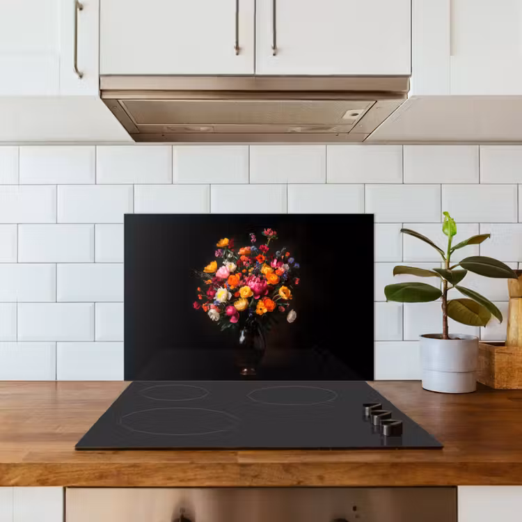 Kleurrijk - Boeket - Vaas - Donkerbruin keuken achterwand spatscherm klein -sfeer2