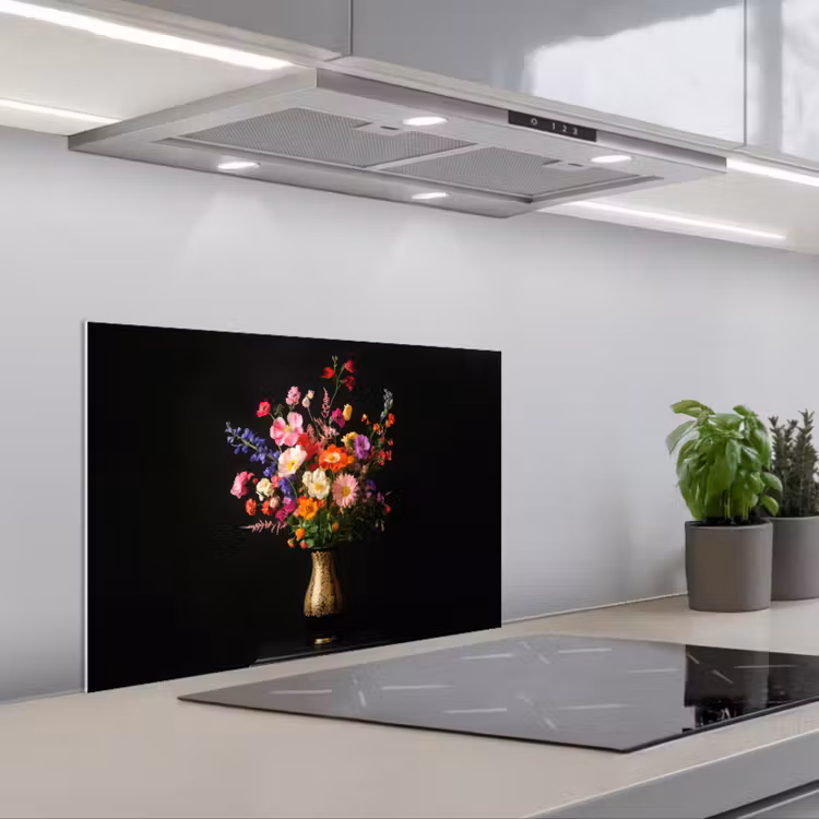 Kleurrijk - Boeket - Vaas - Goud keuken achterwand spatscherm klein -3d_schuin