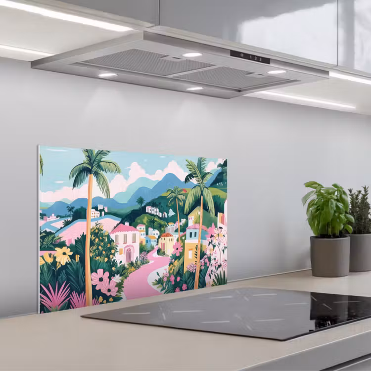 Kleurrijk - Huizen - Heuvels - Roze keuken achterwand spatscherm klein -3d_schuin