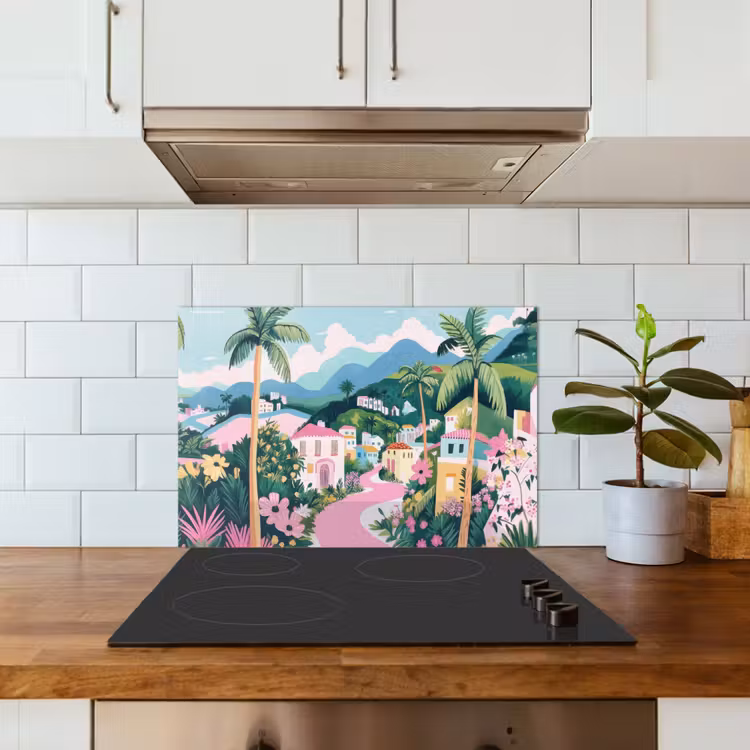 Kleurrijk - Huizen - Heuvels - Roze keuken achterwand spatscherm klein -sfeer2