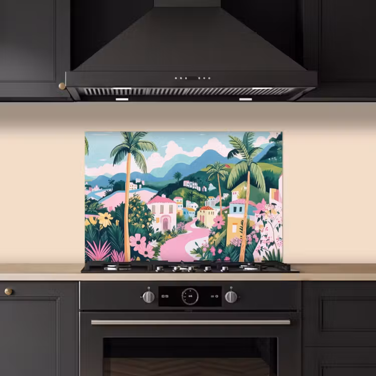 Kleurrijk - Huizen - Heuvels - Roze keuken achterwand spatscherm klein -sfeer1