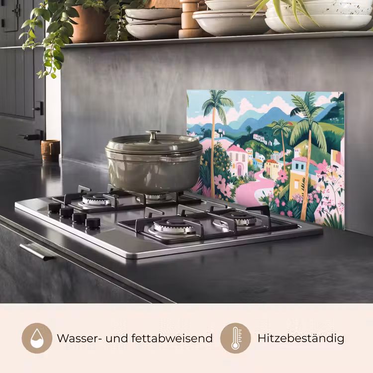 Kleurrijk - Huizen - Heuvels - Roze keuken achterwand spatscherm klein -usp_DE