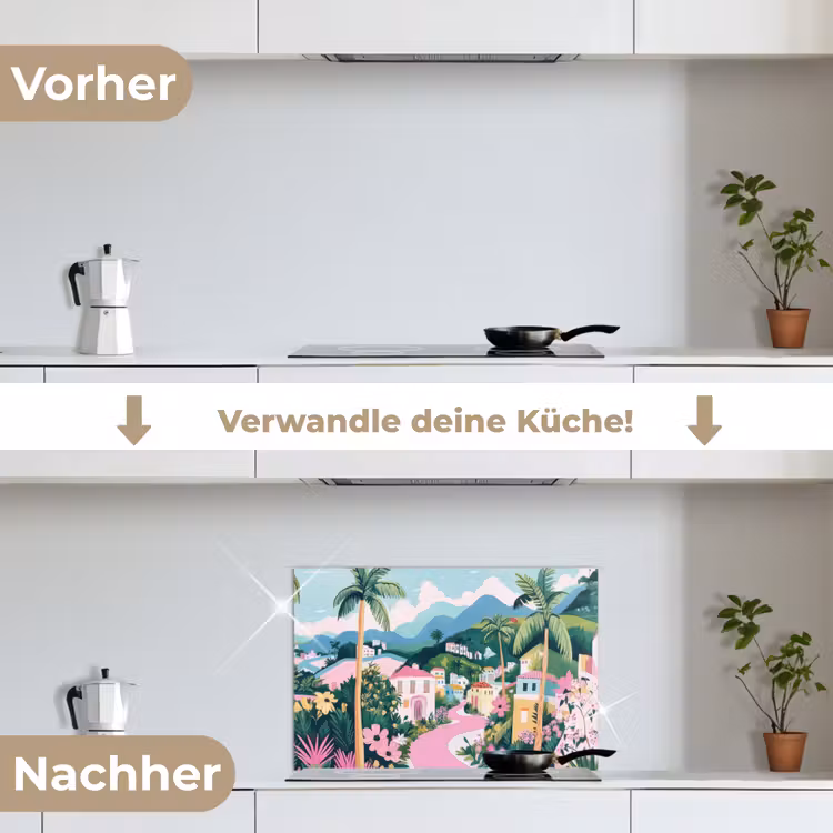 Kleurrijk - Huizen - Heuvels - Roze keuken achterwand spatscherm klein -voor_na_DE