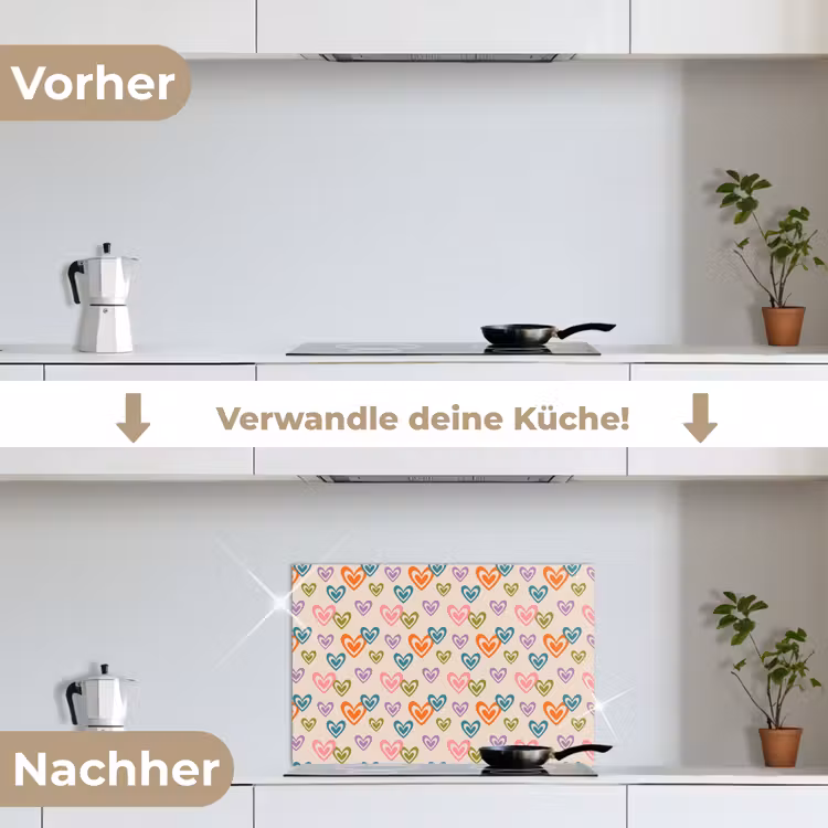Kleurrijk - Hartjes - Patroon - Beige keuken achterwand spatscherm klein 900 -voor_na_DE