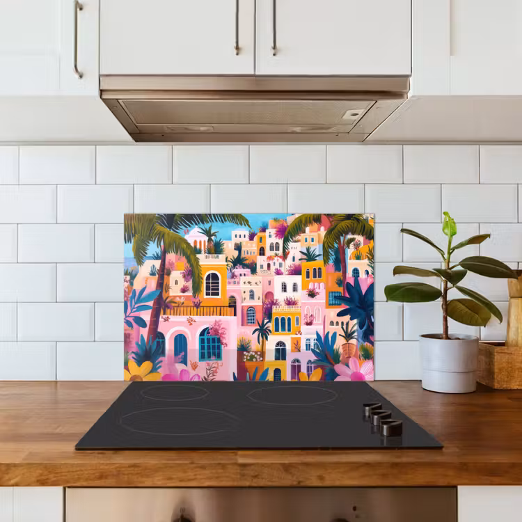 Kleurrijk - Roze - Oranje - Geel - Bloemen keuken achterwand spatscherm klein -sfeer2