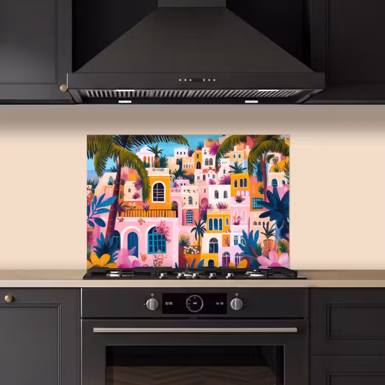 Kleurrijk - Roze - Oranje - Geel - Bloemen keuken achterwand spatscherm klein -sfeer1