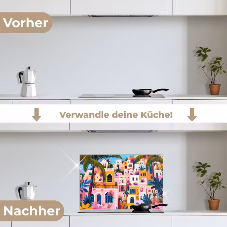 Kleurrijk - Roze - Oranje - Geel - Bloemen keuken achterwand spatscherm klein -voor_na_DE