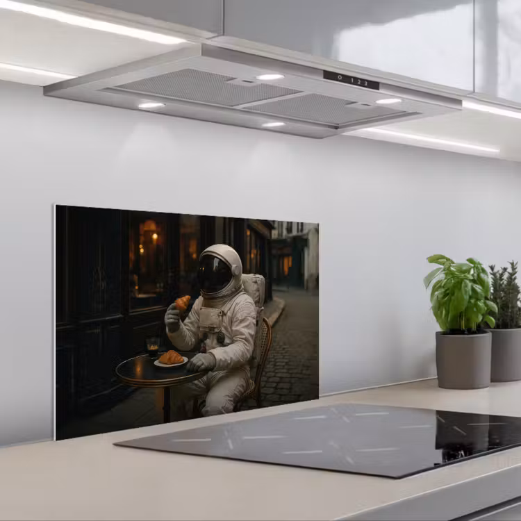Café - Croissant - Koffie - Astronaut keuken achterwand spatscherm klein -3d_schuin