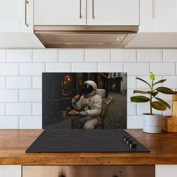 Café - Croissant - Koffie - Astronaut keuken achterwand spatscherm klein -sfeer2