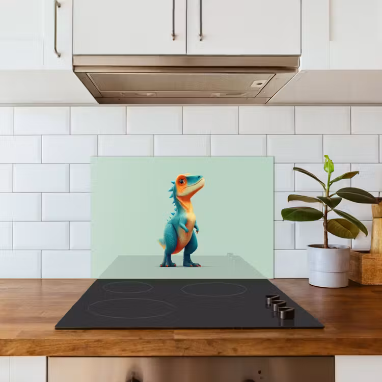 Cartoon - Dino - Oranje - Stekels keuken achterwand spatscherm klein -sfeer2
