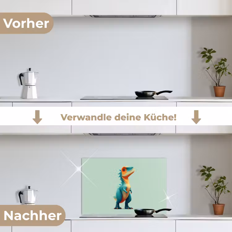 Cartoon - Dino - Oranje - Stekels keuken achterwand spatscherm klein -voor_na_DE