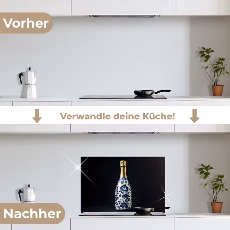 Champagne - Bloemen - Goud - Chique keuken achterwand spatscherm klein -voor_na_DE