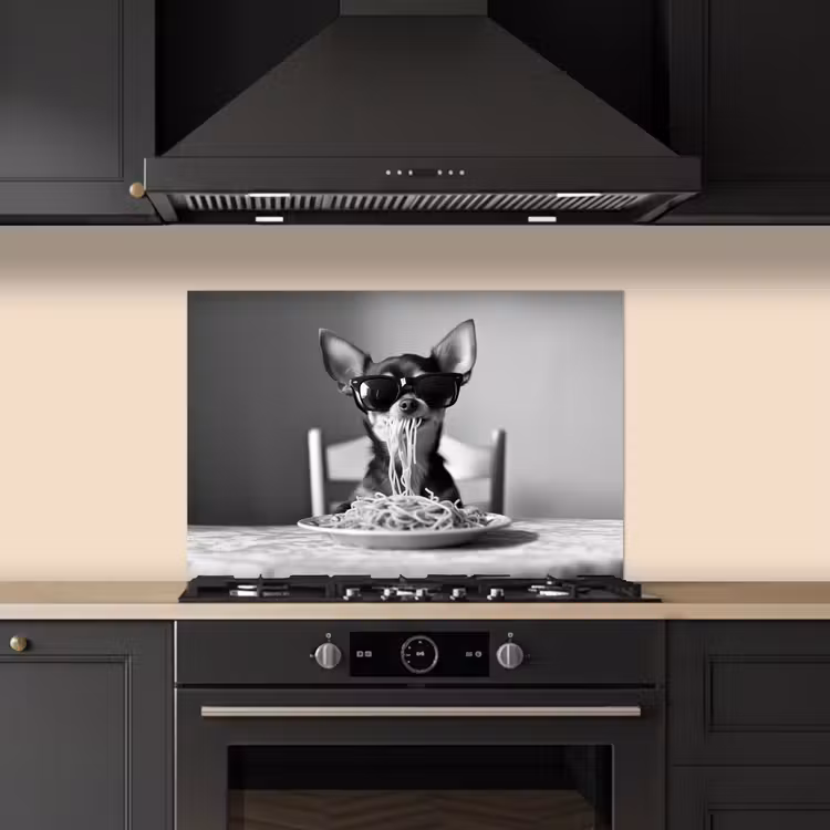 Chihuahua - Hond - Zonnebril - Humoristisch - Zwart - Wit - Spaghetti keuken achterwand spatscherm klein -sfeer1