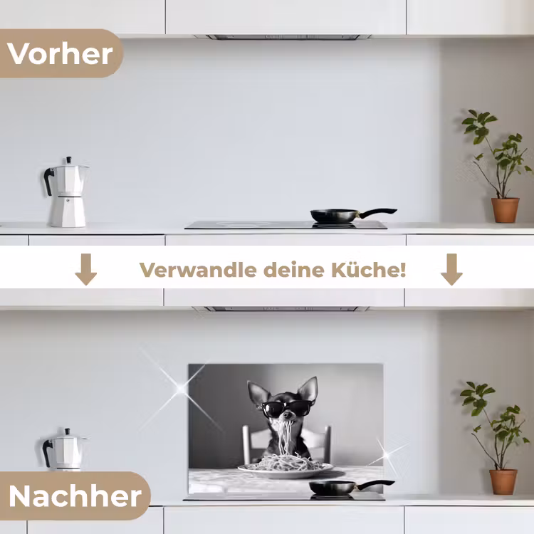 Chihuahua - Hond - Zonnebril - Humoristisch - Zwart - Wit - Spaghetti keuken achterwand spatscherm klein -voor_na_DE