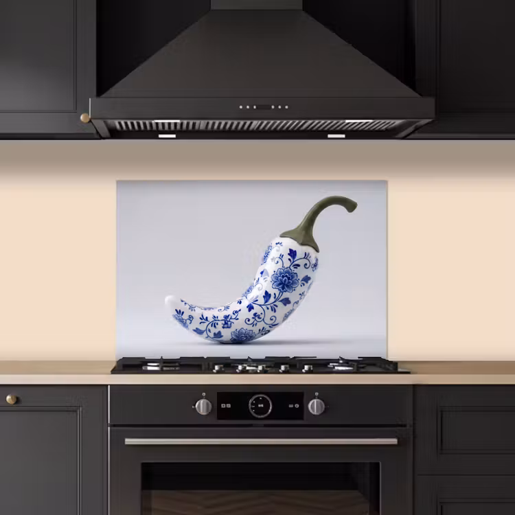 Chilipeper - Keramiek - Blauw keuken achterwand spatscherm klein -sfeer1