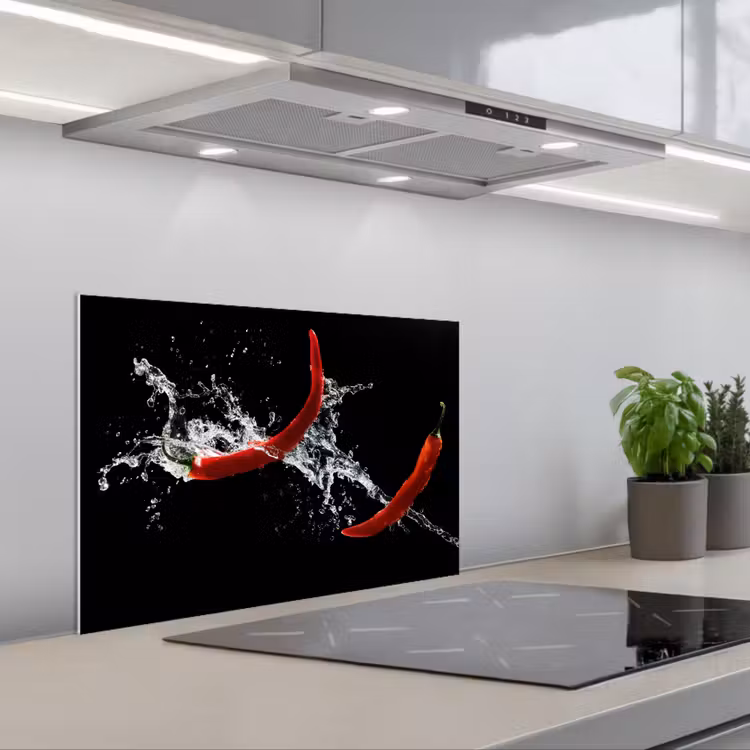 Chilipeper - Stilleven - Water - Zwart - Rood keuken achterwand spatscherm klein -3d_schuin