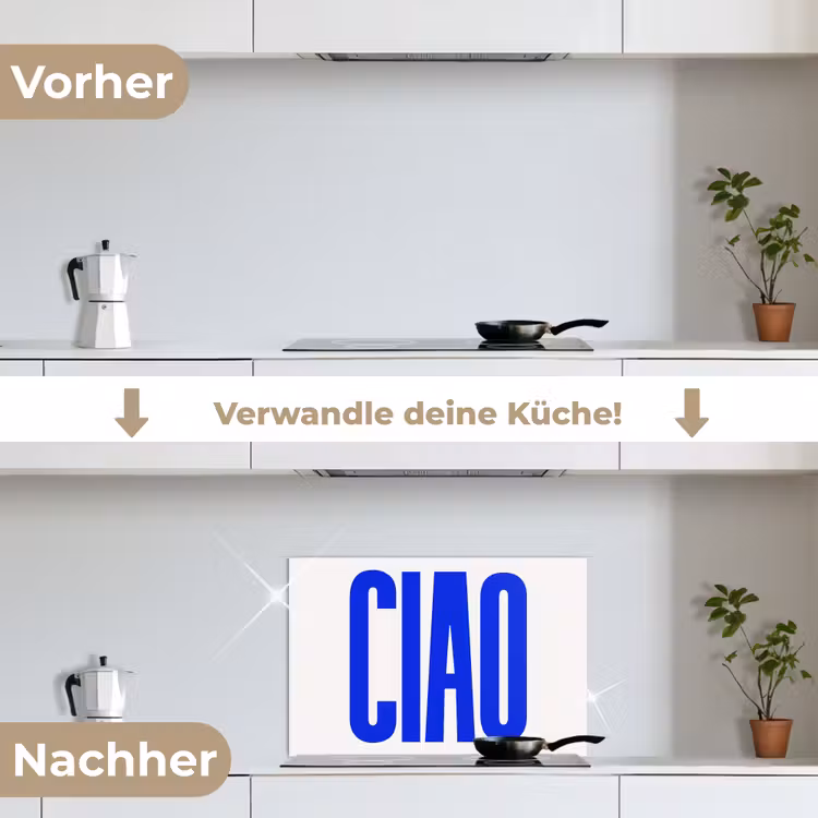 Ciao - Hoofdletters - Blauw - Minimalistisch keuken achterwand spatscherm klein -voor_na_DE