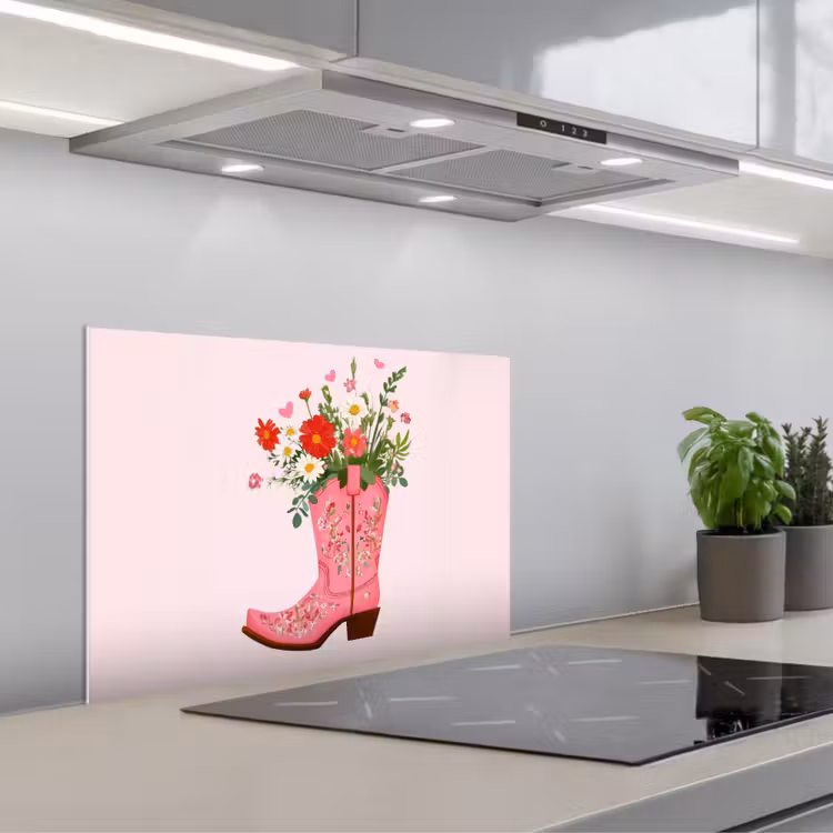 Cowboylaarzen - Roze - Boeket - Bloemen keuken achterwand spatscherm klein -3d_schuin