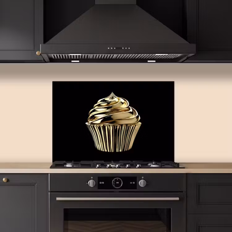 Cupcake - Eten - Goud - Zwart keuken achterwand spatscherm klein -sfeer1