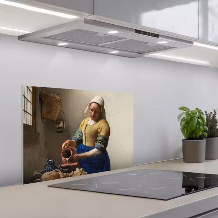 Het melkmeisje - Schilderij van Johannes Vermeer keuken achterwand spatscherm klein -3d_schuin