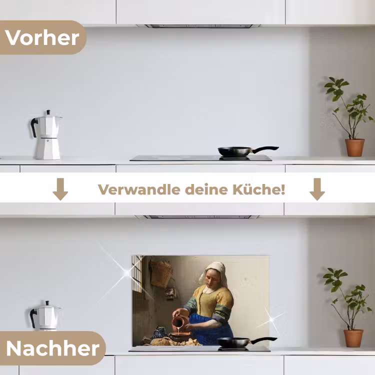 Het melkmeisje - Schilderij van Johannes Vermeer keuken achterwand spatscherm klein -voor_na_DE