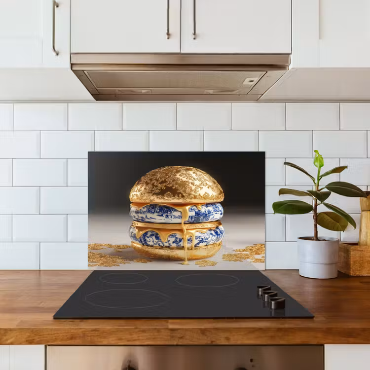 Delftsblauw - Goud - Burger keuken achterwand spatscherm klein -sfeer2