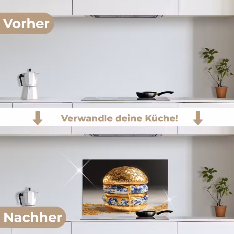 Delftsblauw - Goud - Burger keuken achterwand spatscherm klein -voor_na_DE